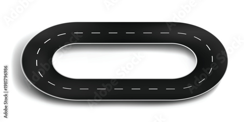 Oval Race Track Top View with Dashed Road Lines, 3D Asphalt Loop Isolated on White Background