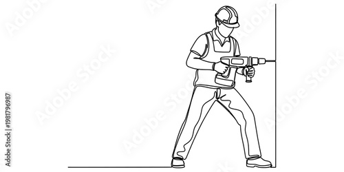 A line drawing illustration showing a construction worker using a power drill on a vertical wall