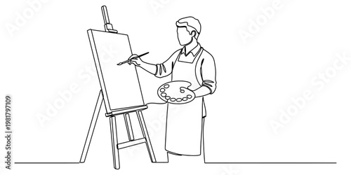 A single continuous line drawing of a male artist painting on a blank canvas using an easel.