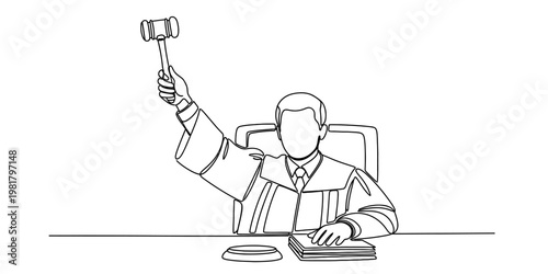 A black and white line drawing of a judge sitting behind a desk and holding up a wooden gavel.