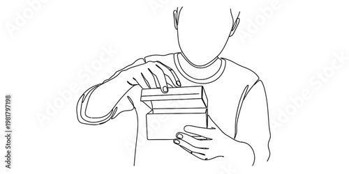 A simple black and white line drawing of a person opening a small rectangular cardboard gift box