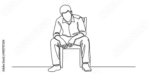 A single line drawing of a man sitting on a chair looking tired and feeling very overwhelmed today