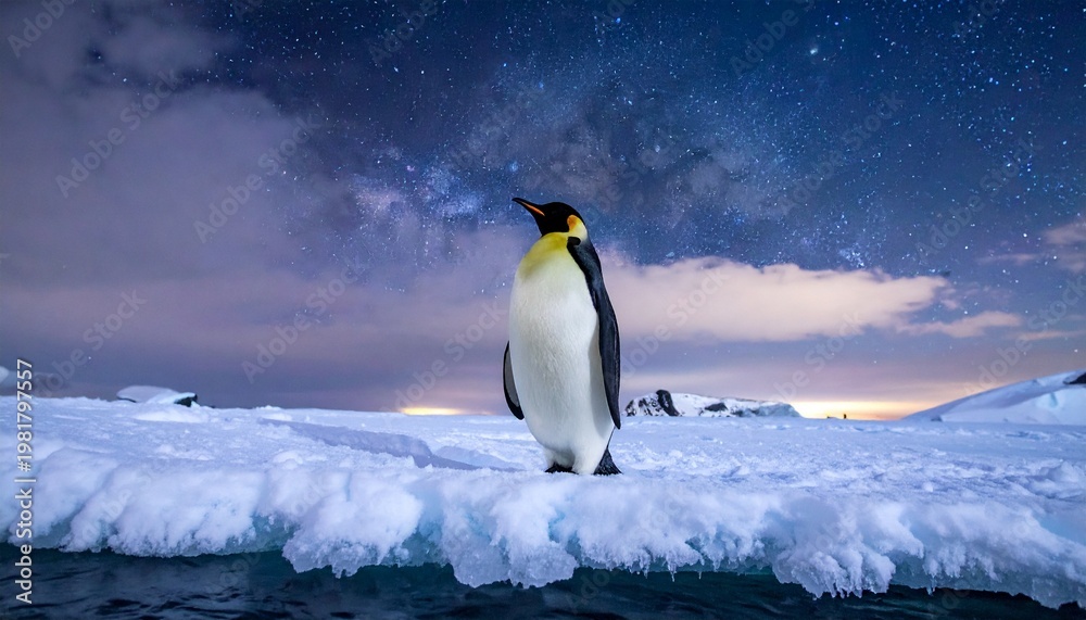 Obraz premium Majestic Emperor Penguin Standing Proudly on Antarctic Ice Under a Starry Sky a Vision of Polar Beauty and Resilience.