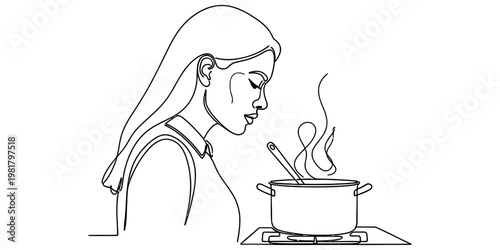 A continuous line drawing of a woman smelling the delicious aroma of a hot meal in a cooking pot