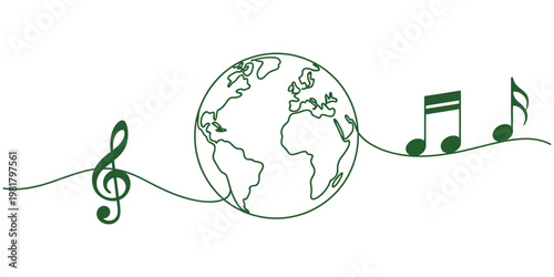 Artistic illustration of a globe with a treble clef and music notes on a flowing green line