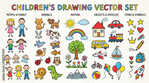 Children's Drawing Vector Set with Hand-Drawn Doodle Icons and Playful Characters