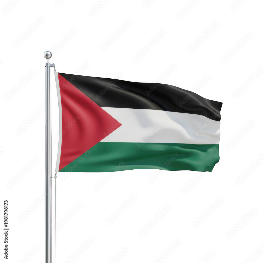 Fototapeta premium Waving flag of palestine on a metal pole isolated on a transparent background