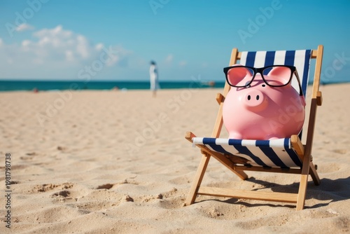 Chic pink piggybank with glasses lounging on a beach chair near the shore.