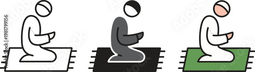 Muslim Prayer Icon Set, Salah Prayer Position Illustration in Outline Solid and Color Style