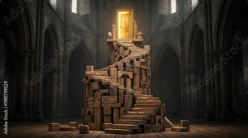 A spiral staircase crafted from humble wooden blocks ascends toward a luminous golden portal within a grand stone hall, representing the painstaking climb to achieve ultimate enlightenment