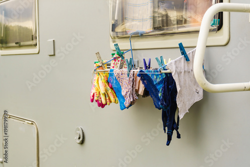 Clothes hanging to dry outdoor at caravan
