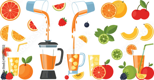 Fresh Fruit Juice Blender and Smoothie Ingredients with Oranges, Berries, Bananas, and Apples for Healthy Drink Recipes