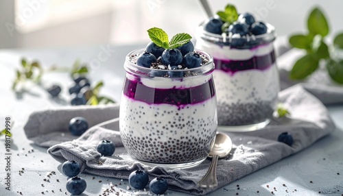 Berry Parfaits of Pure Delight: A close-up showcases two elegant glass jars filled with layers of chia seed pudding, creamy yogurt, and fresh blueberries, garnished with a sprig of mint.