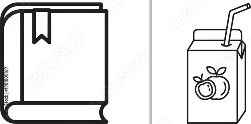 Minimalist line art icons of a book with a bookmark and an apple juice box with a straw for school and education concepts