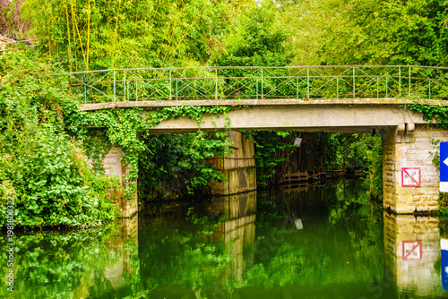 River with bridge. Coulon town in France