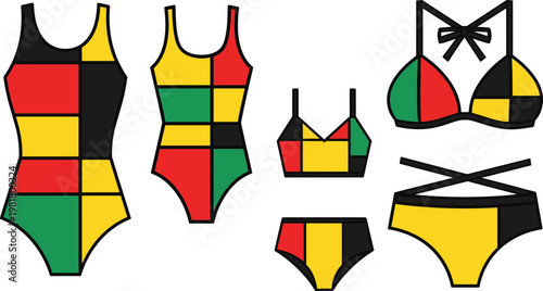 Color block swimwear collection vector, bikini and swimsuit set, modern geometric fashion design, summer beachwear colorful apparel illustration pack