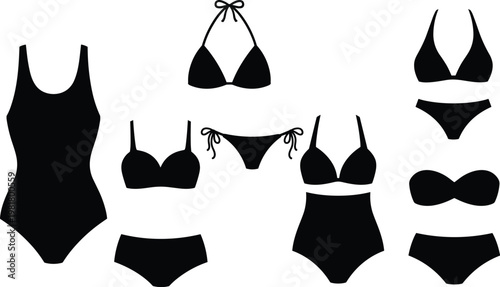 Swimsuit collection silhouette set, bikini and one piece swimwear, women beach fashion, summer clothing design, black vector illustration isolated