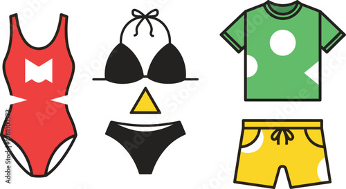 Summer clothing icons set vector, swimsuit bikini t shirt and shorts collection, colorful apparel design, beach fashion isolated illustration