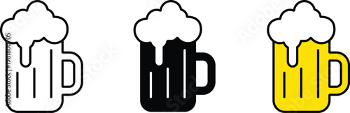 Beer Mug Icon Set, Draft Beer Glass with Foam Vector Illustration for Bar and Oktoberfest