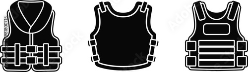 Tactical vest silhouette set, bulletproof armor gear illustration, military body protection equipment, security vest design, law enforcement safety uniform concept