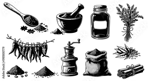 Culinary Spices Herbs and Kitchen Grinding Tools