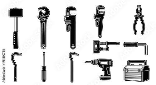 Heavy Duty Mechanical Hand Tools and Hardware Icon Set