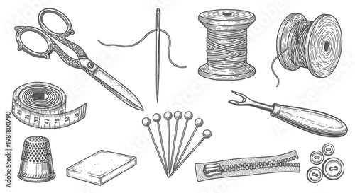 Vintage Hand Drawn Sewing and Tailoring Essentials Collection