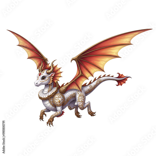 Crimson-Winged Dragon: A majestic dragon, its scales shimmering with pearly hues, soars with crimson wings against a backdrop. Embodying fantasy and myth, this creature symbolizes power and mystery.