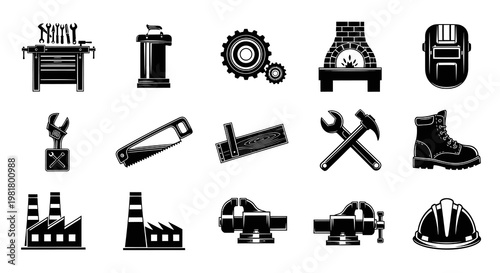 Industrial Workshop Tools and Manufacturing Equipment Vector Set