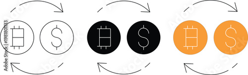 Currency Exchange Icon Set, Money Conversion Dollar Symbol with Circular Arrows Vector