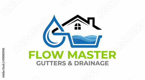 This graphic conveys a home drainage system with a water droplet and house illustration, representing flow management, utilities, and innovative home improvement solutions.