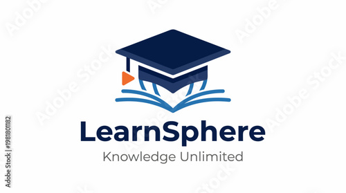The logo features a graduation cap, book elements, and a modern design, symbolizing knowledge and unlimited learning possibilities, perfect for an educational service or platform.