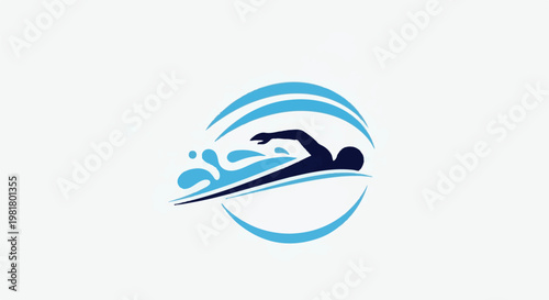 Silhouette of a swimmer in a blue circular splash graphic