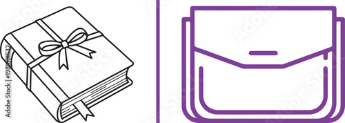 Minimalist vector line art icons featuring a gift book with a ribbon and a professional satchel bag for business and education concepts