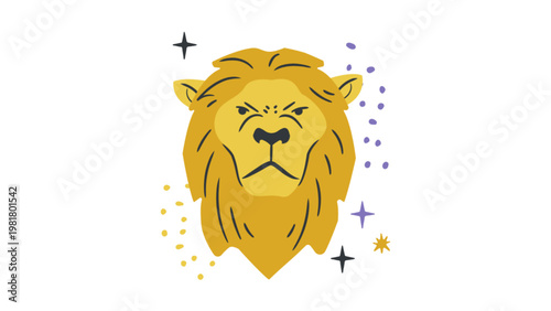 Leo Zodiac Sign Featuring Majestic Lion Head with Celestial Stars