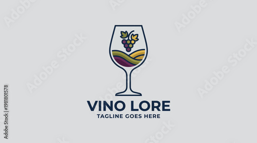 The stylish logo represents a glass of wine adorned with grapes, capturing the essence of a rich vineyard experience, perfect for branding wines and related events.