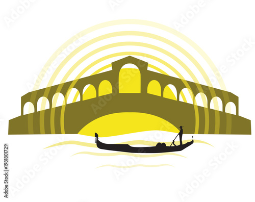 Silhouette of a gondola against the background of the Rialto Bridge and the setting sun