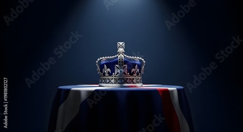 Royal crown on a british flag draped table in spotlight