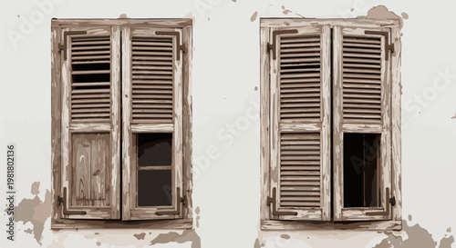 Rustic weathered wooden shutters on a textured wall, open to darkness