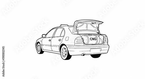 Sedan with open trunk revealing a large CNG tank inside