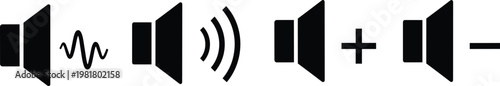 Speaker volume control icons set, audio sound adjustment symbols with plus, minus, waves, and mute, isolated on white background vector.