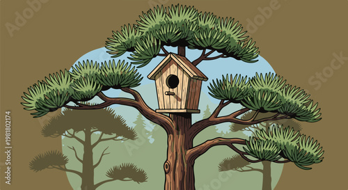 Rustic wooden birdhouse nestled in a large pine tree's branches