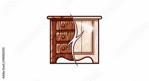 Rustic wooden cabinet split, showing old and new halves with distinct textures