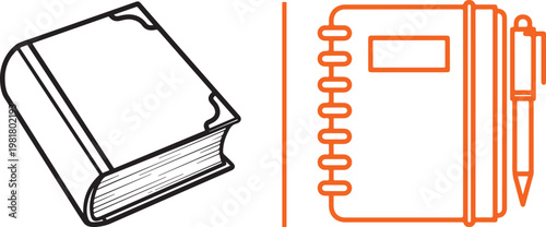 Vector line art icons of a hardcover book and a spiral notebook with a pen for education and office design