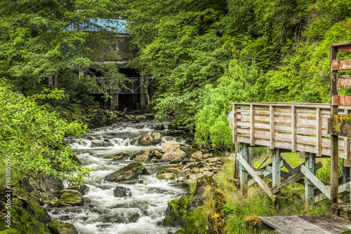 Rushing forest stream flowing through rustic downtown Ketchikan with wooden walkways and cabins
