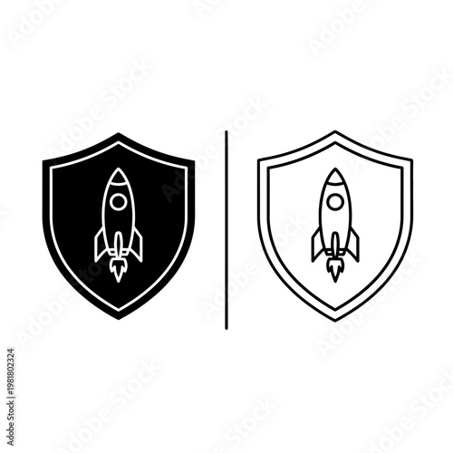 Rocket launch inside a protection shield icon with innovation security protection business