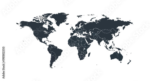 Global world map illustration with dark blue continents on white background for travel and geography
