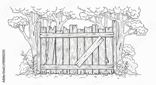 Rustic wooden gate framed by trees, foliage, and mushrooms