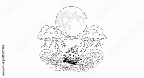 Ship caught in a storm under a full moon with lightning