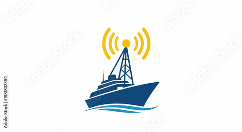 Ship with radio tower and broadcast waves